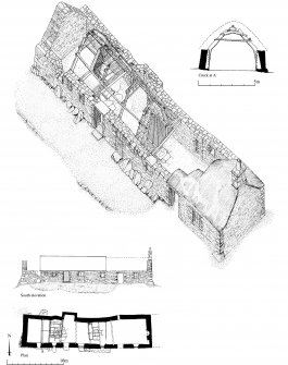 Digital re-working from scan of Camserney, Perthshire showing plan, elevation, axonometric and section.