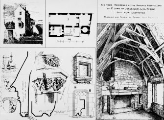 Photographic copy of cutting showing interior perspective view, details, plan and elevation.