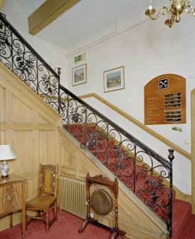 Craigiehall House, Edinburgh. Interior. Entrance hall showing late 17th century wrought-iron staircase.