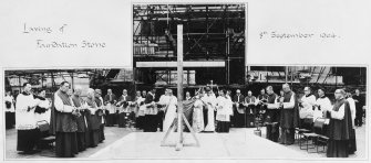 Archbishop Scanlan laying the foundation stone before the 'entire hierarchy of Scotland', 8 September 1964. In central group, immediately to the left of cross: Professor James McShane (in white) and Rector Connolly. In left hand group, front row: Archbishop Grey (left) with Bishop McGhee of Galloway behind. In right hand group, fron t row, from left: Bishop Ward, Bishop Hart of Dunkeld, Bishop Black of Paisley, in right hand group, at centre of back row: Father James McMahon.