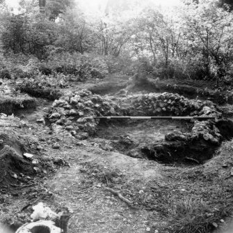 Digital copy of excavation photograph: bell tower or pigeon house W of St Leonards chapel viewed from SE.