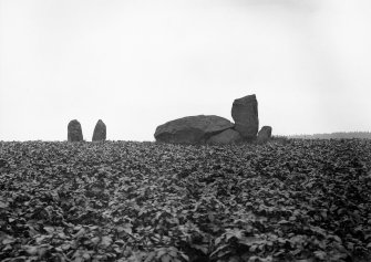 Remains of circle near Kirkton of Bourtie. Diameter 88ft. 3 stones standing. Altar stone 18x6x4ft. Stone next altar 11ft. Other 8ft high, & 15ft apart