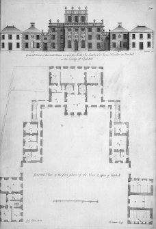 Plan and elevation.
Titled: 'General Front of Rosehall House towards the North, The Seat of Sir James Hamilton of Rosehall in the County of Clydesdale'. 'General Plan of the first floor of the House & Offices of Rosehall'.