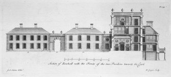 Section and elevation of pavilions.
Titled: 'Section of Rosehall with the Fronts of the two Pavillions towards the court'.