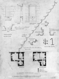 Ground and first floor plans and masons' marks and details.