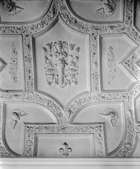 Interior view of Moray House.  Ceiling of balcony room, first floor.