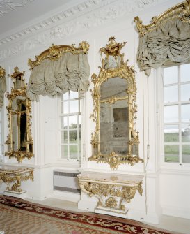 Interior. Principal floor.White drawing room, detail of mirror