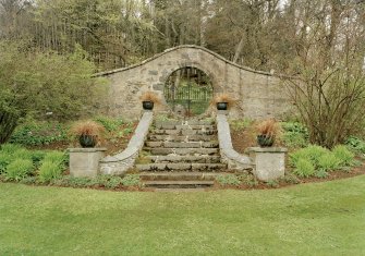 Leith Hall.  Walled garden: view of Moon gate from South