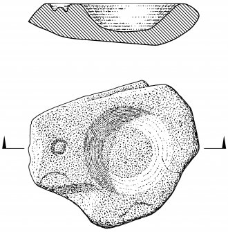 Scanned ink drawing of small stone font(?) located in vestibule of church: plan and section.