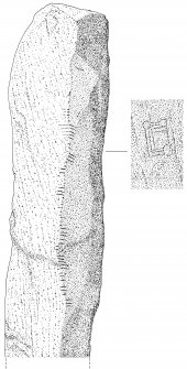 Scanned ink drawing of Auquhollie ogham inscribed stone including incised 'symbols'.