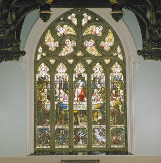 Interior, detail of stained glass window at east end