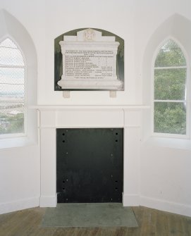 Interior. 1st floor, detail of fireplace with war memorial above