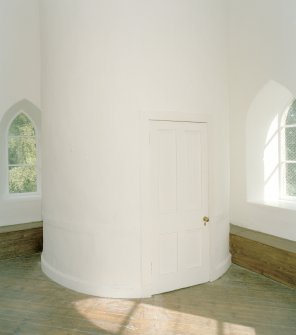 Interior. 2nd floor, view of turret stair leading to roof