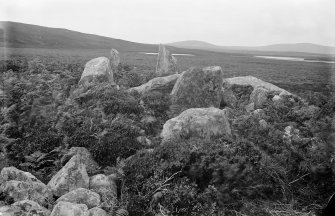 General view looking across cairn to upright stones.