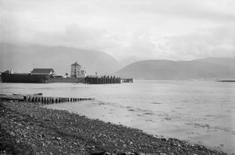 View of Caledonian Canal, Corpach entrance; lock-keepers' houses, store-house and engine-house