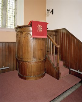 Digital copy of view of interior. Detail of pulpit