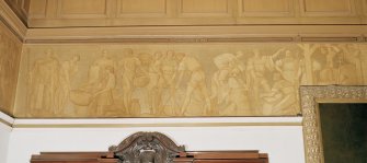 Interior, 1st floor, grand hall, detail of painted frieze on east wall