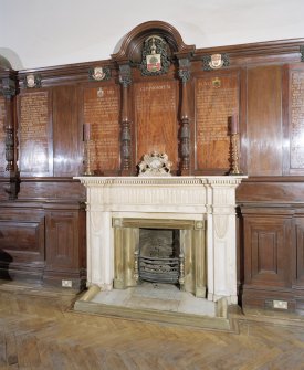 Interior, 1st floor, saloon, view of fireplace
