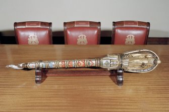 Interior, 1st floor, library, view of ceremonial mace