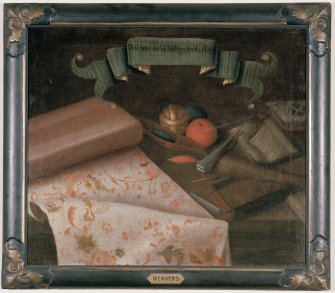 Interior, 1st floor, library, detail of painting of guild insignia (weavers)