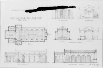 Redford barracks, military church. Dated 20-2-1939 drawn by John H Markham.
Photographic copy of drawing showing plans, sections, elevations
Entitled: 'Redford Military Church', 'Plans, Sections and Sections'
Pen, ink and wash, with scale