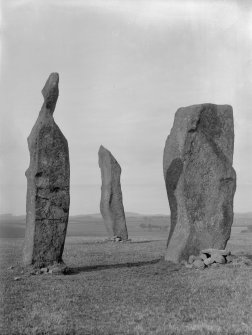 View of standing stones at Lundin Links, Fife.