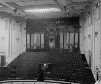 Interior view of proscenium in Usher Hall, showing seats and organ