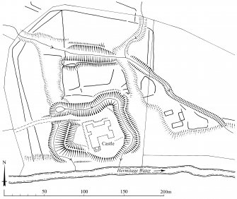 Scanned version of DC49409 - plan of Hermitage Castle and earthworks - with added annotation and scale bar