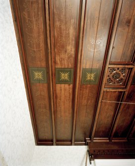 Interior.
Detail of panelled and stencilled library ceiling.