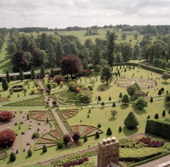 View of West end of formal garden from parapet of keep.
