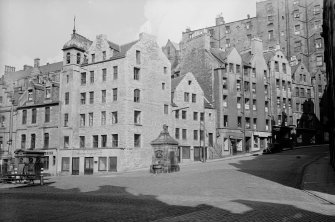 General view of west side of West Bow from south east, also showing part of Grassmarket