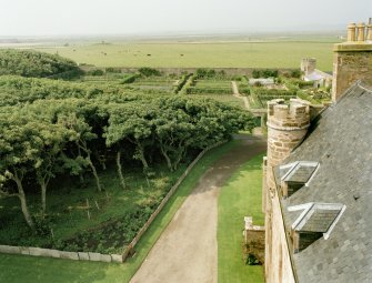 View of walled garden from roof of castle to east