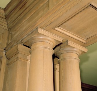 Interior, basement, lower hall, detail of column capitals