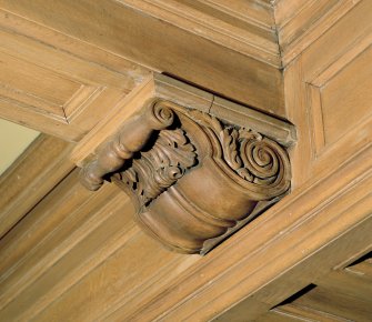 Interior, basement, lower hall, detail of wooden corbel