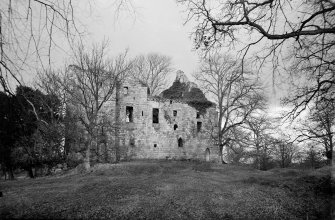 Old Tulliallan Castle.
View of castle through trees.
Scanned from glass plate negative. Original envelope annotated by Erskine Beveridge 'Tuliallan Cas'
