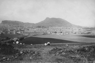 Historic view of Edinburgh taken from Blackford Hill showing Arthurs Seat, Salisbury Crags and Newington from west. The Grange area is mostly undeveloped at this stage.