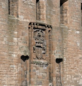 East entrance, armorial panel and niches