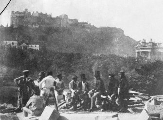 View of workmen during construction of Scott Monument