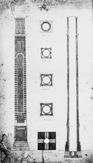 Scanned image of drawing showing elevation, vetical section & plan section of Cox's Lum.