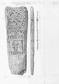 Drawing of a carved stone with Ogham inscription. Bressay, Shetland.
