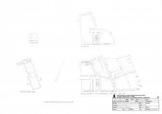 Ground floor plan showing relationship to cellar plan, First floor plan, Vaulted cellar plan and Section
