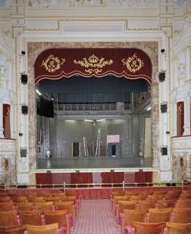 Aberdeen, Rosemount Viaduct, His Majesty's Theatre.
Interior, auditorium, view of stage from circle with safety curtain and tabs up.