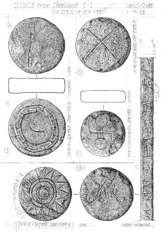 Drawing of carved stone discs Jarlshof Shetland.
