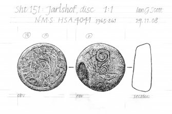 Drawing of a carved stone disc Jarlshof, Shetland.
