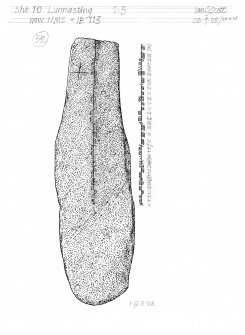 Drawing of a carved stone with Ogham inscription. Lunnasting, Shetland.
