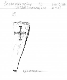 Drawing of craved stone with cross detail. Kirk of Gloup Yell.

