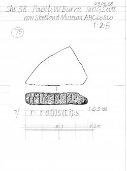Drawing of carved stone with runic inscription. Papil, West Burra.
