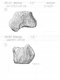 Drawing of carved stones with runic inscriptions. Bressay.
