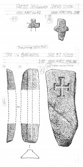 Drawing of carved stones one with cross detail. St Ninians, Ulsta, Noss and Baliasta.
