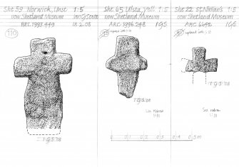 Drawing of carved stones. Norwick Unst, Ulsta Yell and St Ninian's. 
